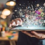 Person creating AI art on tablet with magical effects