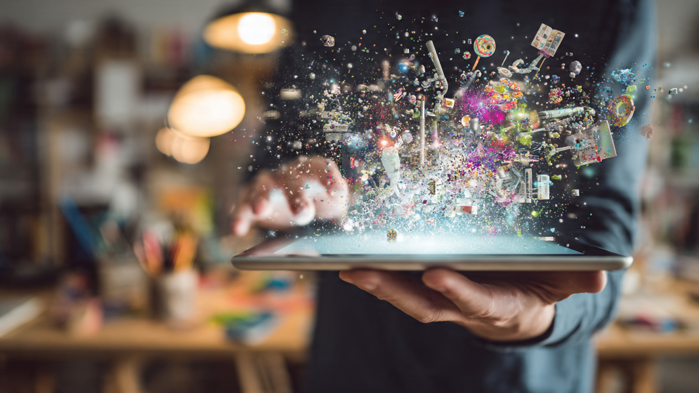 Person creating AI art on tablet with magical effects